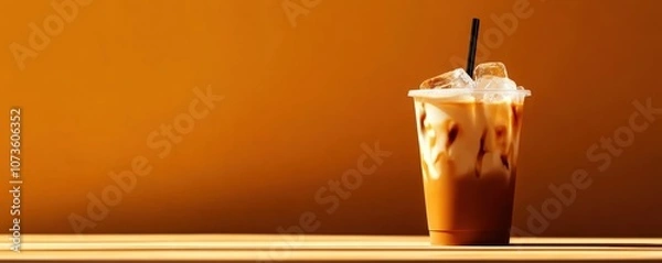 Obraz A tantalizing cup of iced coffee sits against a warm, orange backdrop, showcasing the perfect blend of rich flavors and refreshing ice. Ideal for hot summer days.