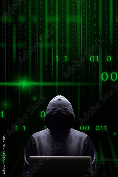 Fototapeta Silhouette centrée du cybercriminel devant son écran d'ordinateur portable sur fond de données binaires vert format  vertical portrait
