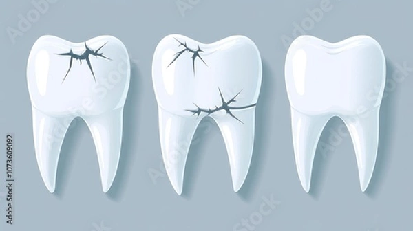 Fototapeta Three cracked teeth are illustrated on a light gray background, showcasing their damage with visible fissures and imperfections.