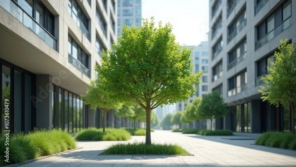 Fototapeta Urban Oasis: A Lush Tree Amidst Modern Architecture