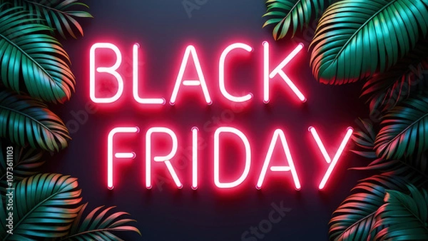 Fototapeta Bold neon Black Friday Sale sign glowing against a backdrop of vibrant tropical leaves and colorful gift bags, creating a dynamic and festive promotional image, ideal for advertising