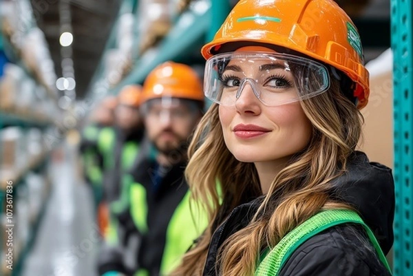 Fototapeta A female worker in a warehouse looks directly at the camera, with colleagues in the background.