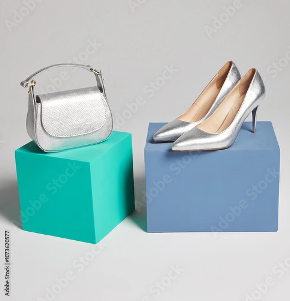 Obraz Shiny silver women's bag and stilettos on green and blue boxes. Stillife shooting in studio on white background. Women's shoes and bag, no people.