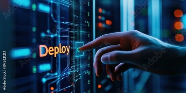 Obraz A hand poised to click the "Deploy" button on a futuristic interface, symbolizing the critical moment in software deployment and technology management.