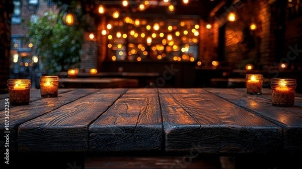 Fototapeta A cozy outdoor setting with glowing candles and string lights, perfect for relaxation.