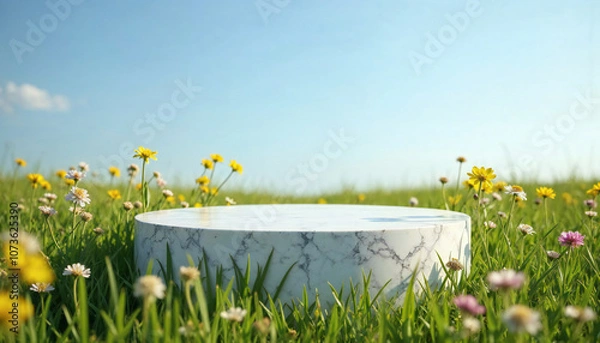 Fototapeta round stand podium and daisies in the grass and empty product show case base 