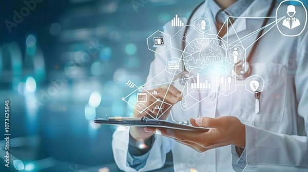 Fototapeta Healthcare Professional Analyzing Data on a Tablet While Standing in a Modern Hospital Environment Using Advanced Digital Technology for Patient Care Improvement