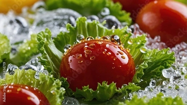 Fototapeta Close-up of a cherry tomato resting on crisp lettuce leaves, covered in water droplets, showcasing freshness and organic produce.
