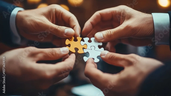 Obraz Businessmen holding jigsaw puzzle pieces, teamwork and partnership concept