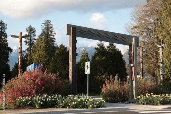 Obraz View of a popular attractions The Stanley Park Totem Poles during Springtime in Vancouver, British Columbia, Canada
