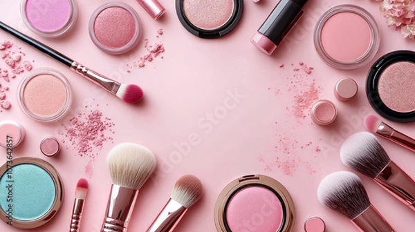 Obraz Various beauty cosmetics displayed on a pink background from above