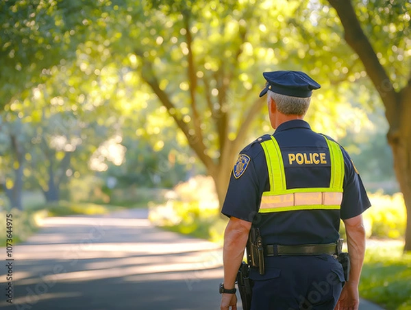 Fototapeta Police officer, patrolling through a peaceful park area during the daytime, maintaining safety and security