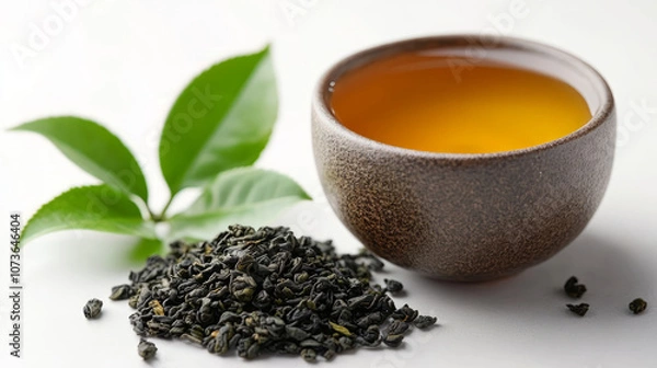 Obraz Tea leaves and teacups on white background, tea ceremony concept