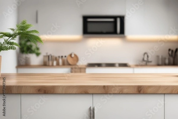 Fototapeta Wood tabletop on blur kitchen counter background for product display