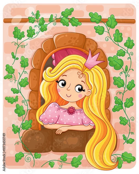 Fototapeta Cute little princess girl in the castle window against the background of a wall entwined with a green plant. Vector illustration in a cartoon style.