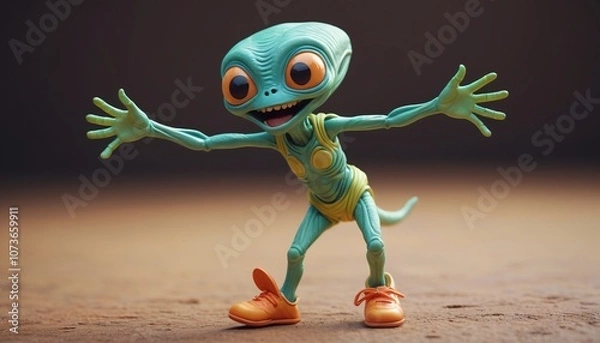 Fototapeta A happy alien with wide arms and little clay shoes, dancing around with joy, Generative AI