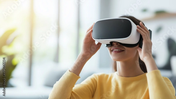 Fototapeta Person Adjusting the VR Glasses on Their Face, capturing the moment of immersion with a soft blurred background