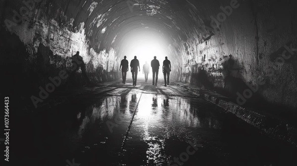 Fototapeta A group of people walking through a tunnel. The tunnel is dark and the people are silhouetted against the light