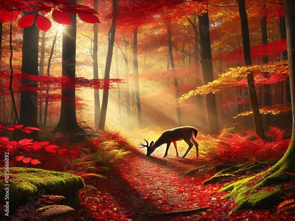 Obraz Realistic Autumn Forest Trail with Sunlit Foliage and Grazing Deer