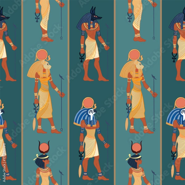 Fototapeta Ancient Egypt. Vintage seamless pattern with Egyptian gods and symbols. Retro hand drawn vector repeating illustration. Ra, Isis, Anubis, Sekhtmet, Cleopatra, pyramid.