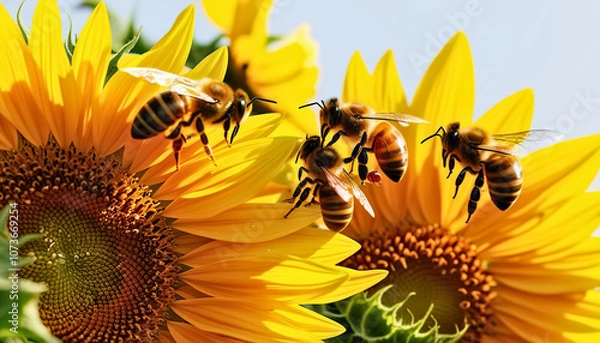 Fototapeta Bees pollinate beautiful sunflowers in a vibrant display of nature's harmony