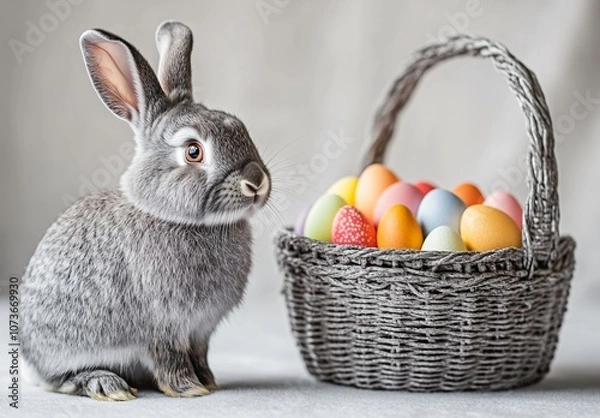 Obraz Cute Gray Rabbit with Easter Basket and Eggs