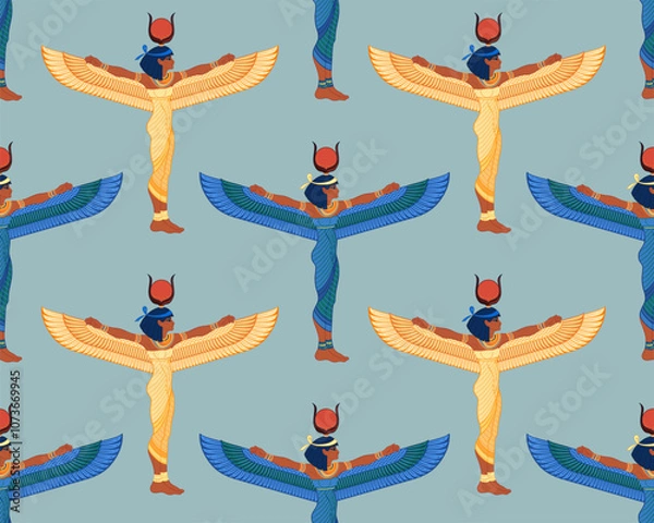 Fototapeta Ancient Egypt. Vintage seamless pattern with Egyptian gods and symbols. Retro hand drawn vector repeating illustration. Ra, Isis, Anubis, Sekhtmet, Cleopatra, pyramid.