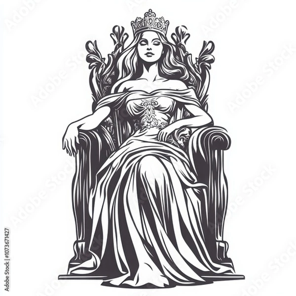 Fototapeta A vector black and white illustration of a beautiful queen in a regal pose, sitting on a throne, with minimalistic details and clear outlines