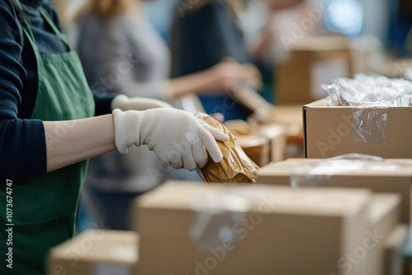 Obraz Worker in gloves packing items in warehouse