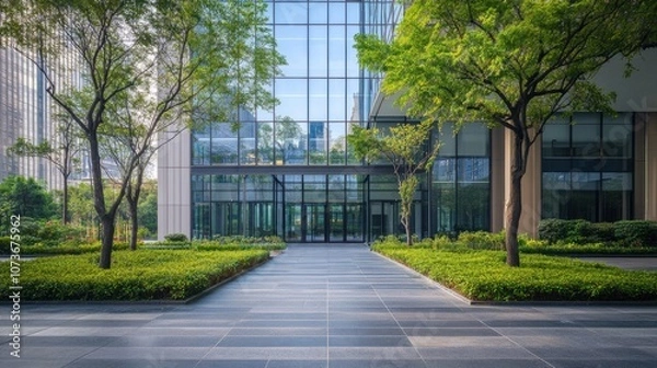 Obraz A modern glass office building with lush green landscaping and a paved walkway leading to the entrance.