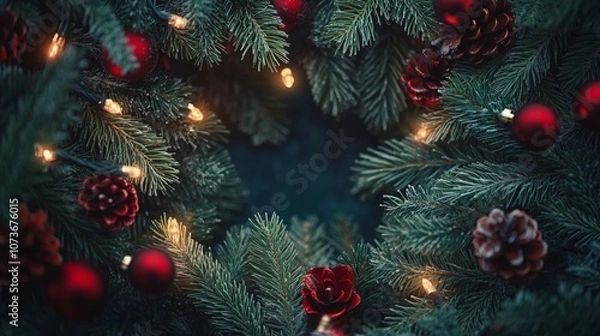 Fototapeta Festive Christmas tree branches adorned with twinkling lights, red ornaments, and pinecones create a magical holiday atmosphere in a dimly lit room.