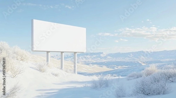 Obraz Serene Winter Wonderland: Blank Billboard on Snowy Hillside Overlooking Valley and Mountains
