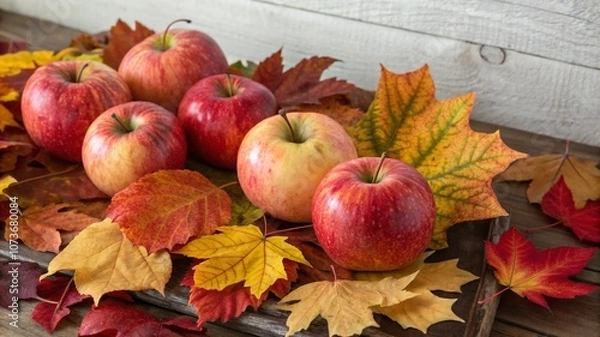 Obraz Apples in a wicker basket surrounded by autumn leaves
