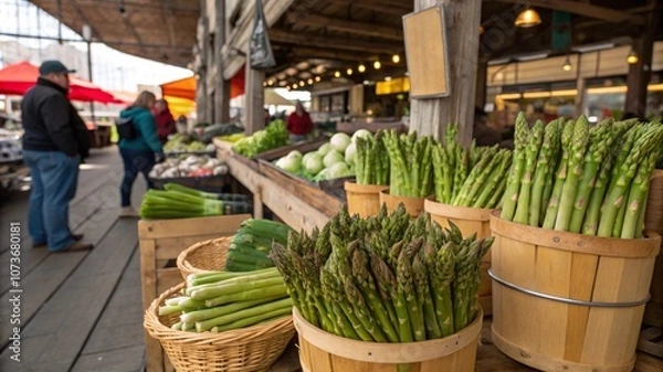 Fototapeta Close-up of fresh asparagus with dew drops on the stems