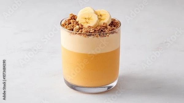 Obraz Creamy Banana Dessert Parfait with Crunchy Granola and Fresh Banana Slices in a Clear Glass on a Light Background