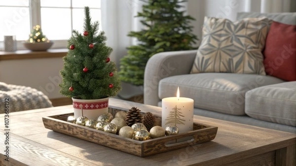 Fototapeta A Christmas tree is lit up in a living room with a couch and a coffee table