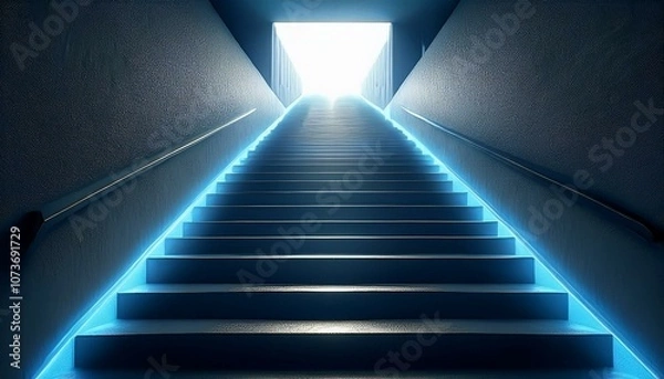 Fototapeta A long and dark stairs with illuminating lights surrounding going up towards an opening to the next level; a dark ominous stairs case to the top; success and hardship; climb to the top; modern stairs