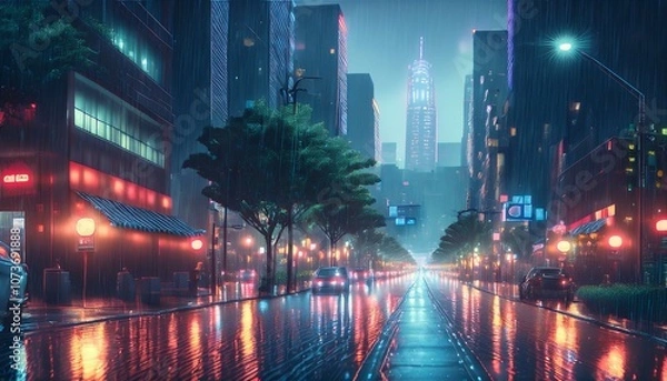 Fototapeta A rainy scene of a metropolis city; raining in a big city during night time; rainy night cityscape with street lights and skyscrapers; night photography; graphic resources; graphic elements