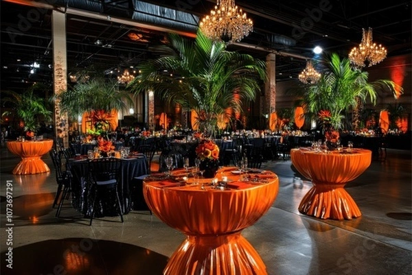 Fototapeta Elegant banquet hall setup featuring vibrant orange and black decor, lush tropical plants, and luxurious chandeliers creating an inviting atmosphere for events and celebrations