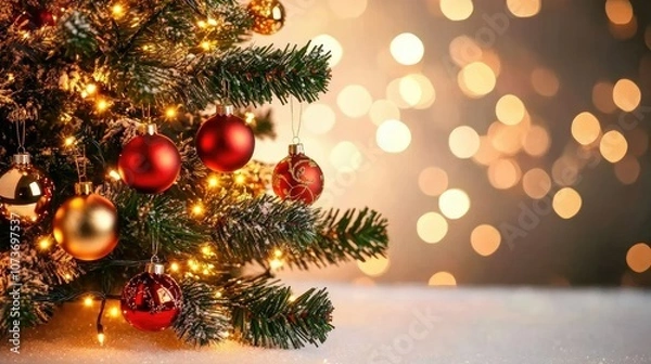 Obraz A beautifully decorated Christmas tree with glowing lights and hanging ornaments, set against a soft bokeh background of twinkling lights.