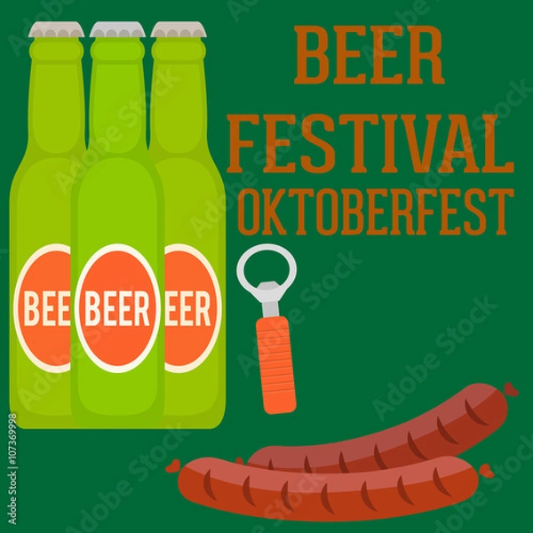 Fototapeta Октоберфест, фестиваль пива, бутылки пива и сосиски