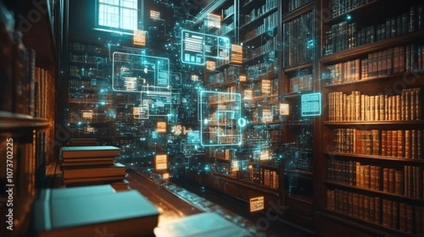 Obraz A traditional library interior with digital data floating above bookshelves, symbolizing the evolution of knowledge.