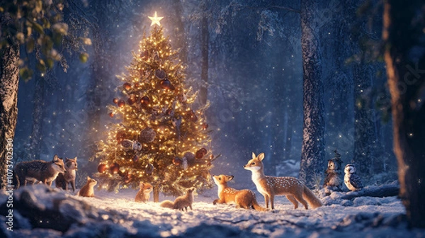 Fototapeta christmas tree with reindeer and animals