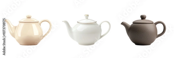 Fototapeta Set of elegant teapots in pastel colors, arranged to showcase their design and functionality on a white isolate background. transparent background