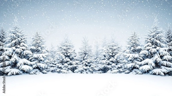 Obraz Serene winter landscape with snow-covered pine trees and falling snowflakes