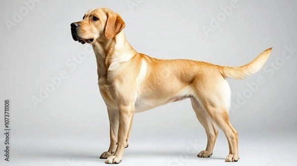 Fototapeta Stately Labrador retriever stands alert on gray background