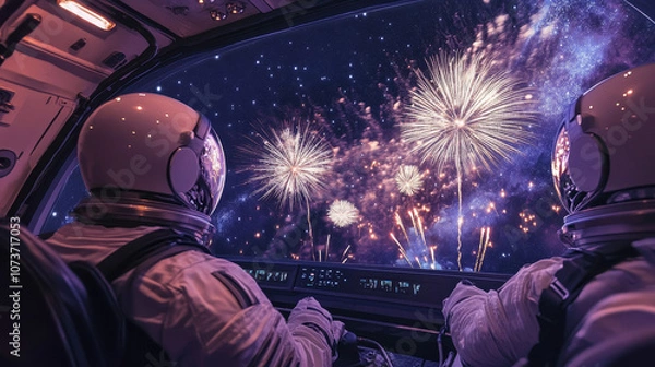 Fototapeta Space-Themed New Year's Eve Countdown on Futuristic Spaceship with Cosmic Fireworks