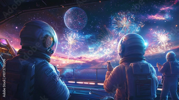 Fototapeta Space-Themed New Year's Eve Countdown on Futuristic Spaceship with Cosmic Fireworks