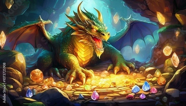 Obraz A green dragon with golden scales and a fearsome roar guards a pile of glittering jewels in a cave.