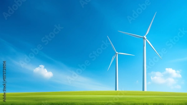 Fototapeta Wind turbines stand tall against a clear blue sky on a sunny day in a green landscape